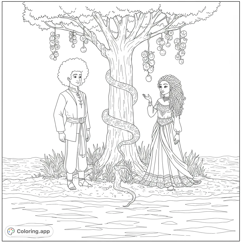 Explore a detailed Garden of Eden coloring page featuring Adam with an Afro, Eve with kinky hair, a tree with a snake, and hanging fruit.
