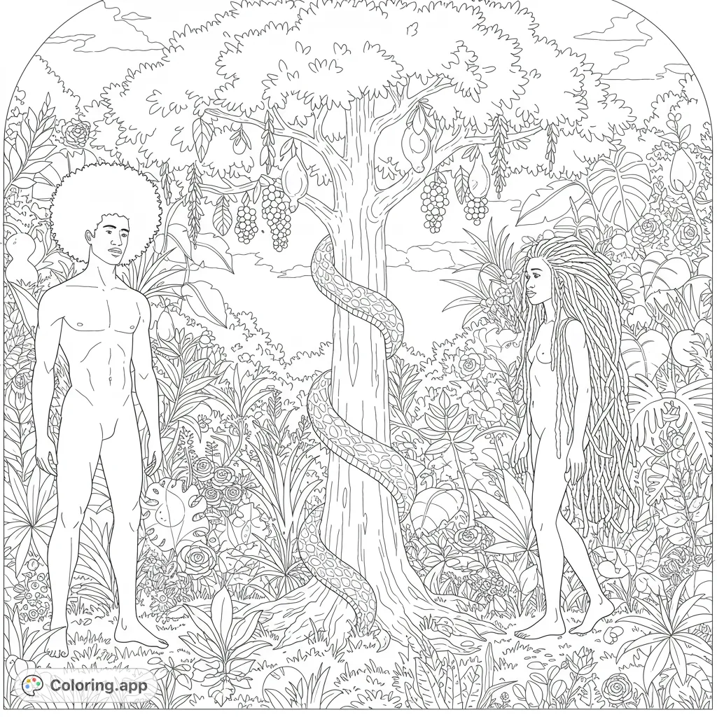 Explore the serene Garden of Eden with Adam and Eve, a majestic tree, and a coiled serpent. A detailed biblical scene for mindful coloring.
