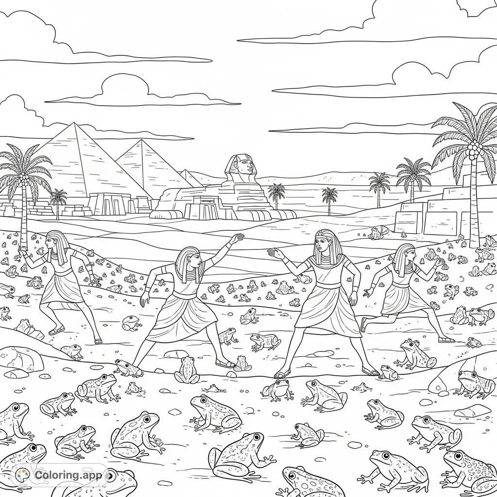 Discover an ancient Egyptian land overrun by countless tiny frogs, causing a stir among running Egyptians. A fun, detailed coloring page with pyramids and Sphinx.