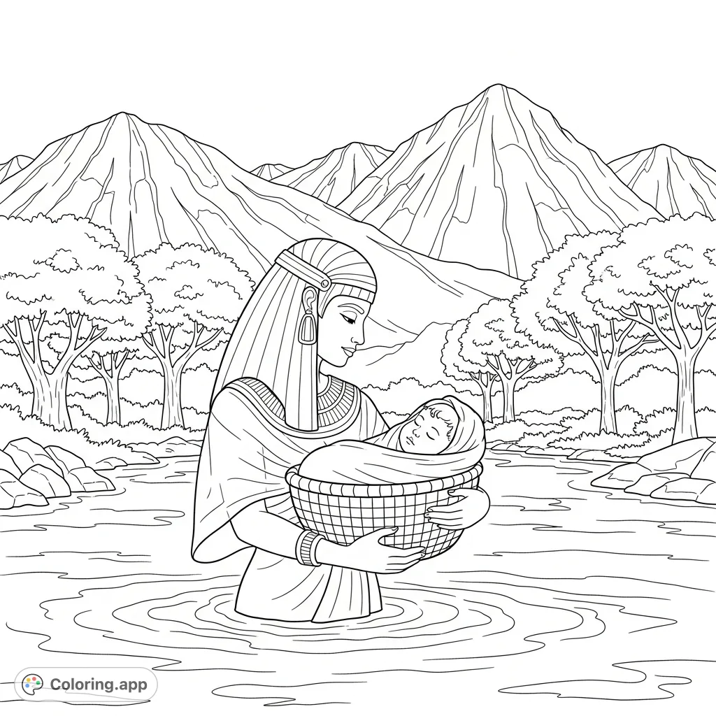 Discover a tender moment with an Egyptian woman protecting a baby in a woven basket within a river, set against majestic mountains and lush trees.