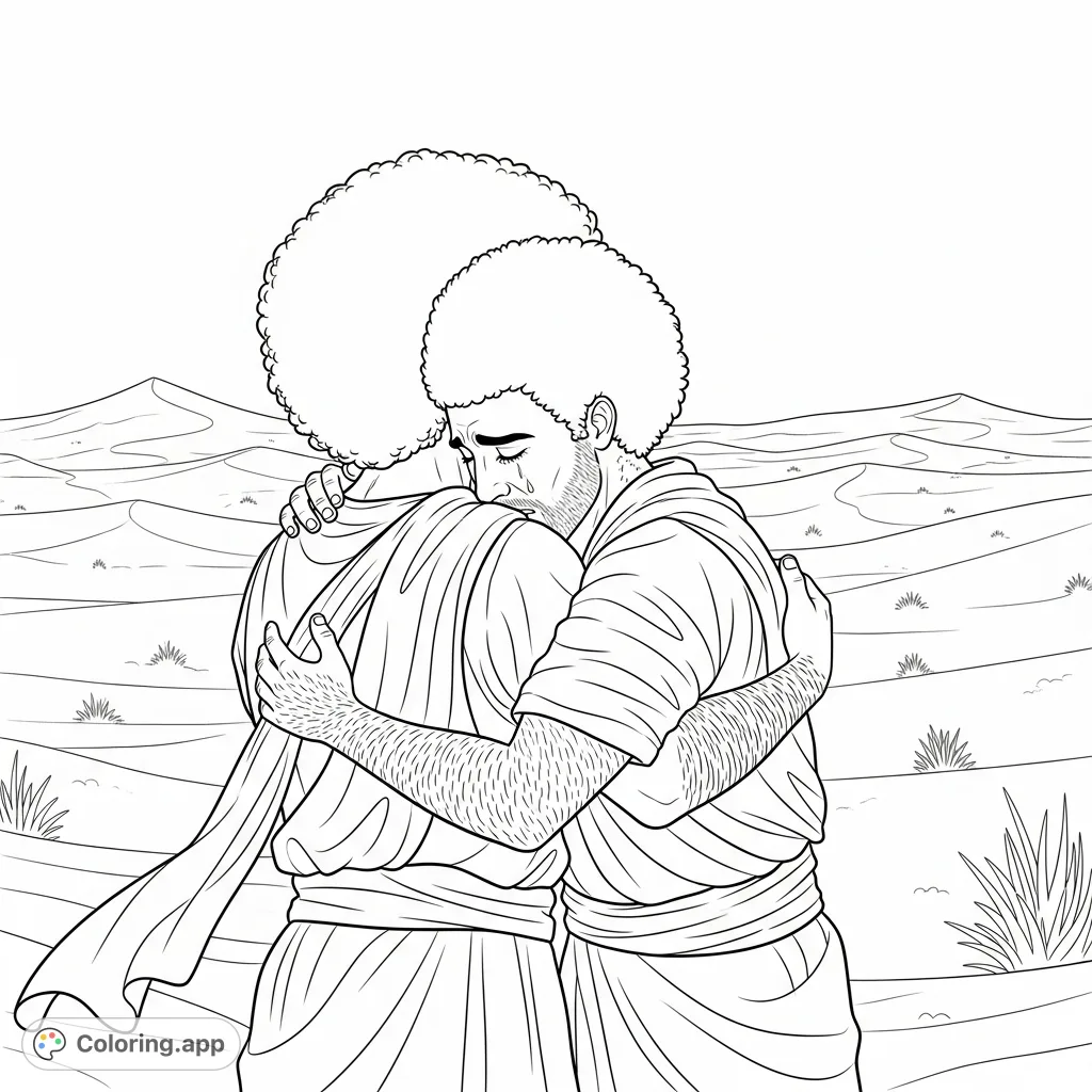 Experience a powerful desert reunion coloring page featuring Jacob embracing a crying man, both with Afros and wrapped cloth. A scene of deep emotion.