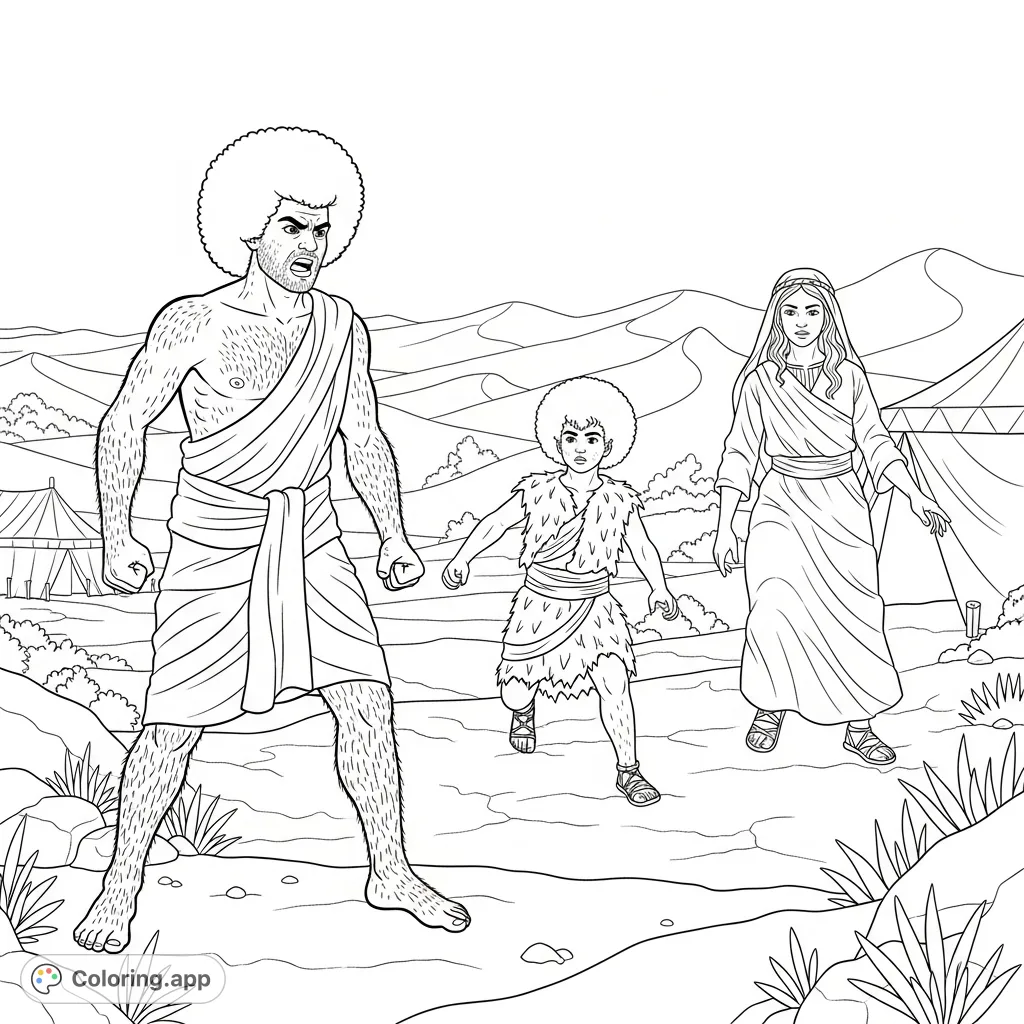 A dramatic biblical scene depicting Esau's rage and Jacob's escape from his mother, set against a wilderness and desert backdrop with a tent.