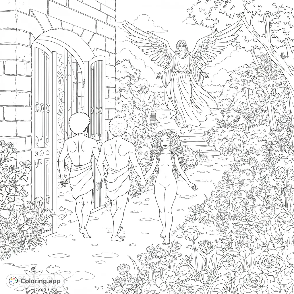 Explore the poignant scene of Adam and Eve's departure from the Garden of Eden, guided by an angel, in this detailed biblical coloring page.