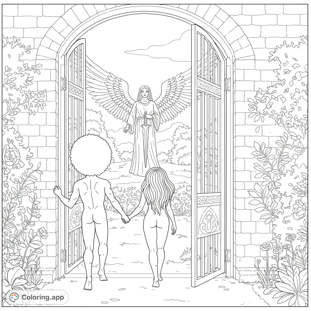 Witness Adam and Eve's poignant departure from a lush garden, guarded by an angel with expansive wings, into an unadorned world beyond the gate.