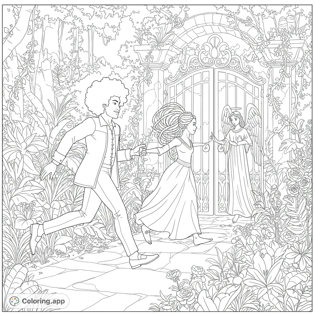 A powerful scene depicting Adam and Eve leaving the Garden of Eden, guided by an angel. Perfect for a reflective coloring experience.