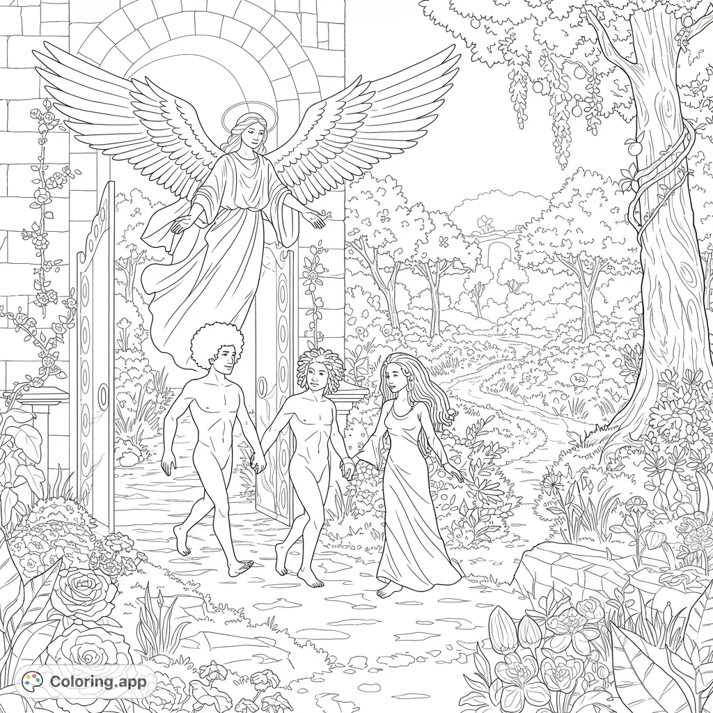 Witness Adam and Eve's poignant departure from the Garden of Eden, guided by a majestic angel. A detailed biblical scene for reflection.