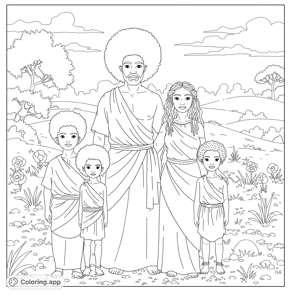 A unique biblical family coloring page featuring Adam, Eve, Cain, and Abel with distinct hairstyles and simple garments in an early world setting.