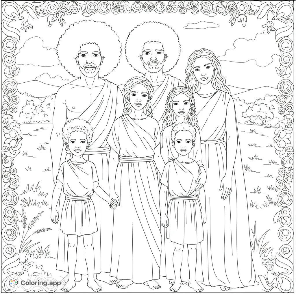 A heartwarming family portrait featuring Adam, Eve, Cain, and Abel, celebrating their bond with unique, textured hairstyles. Perfect for all ages.