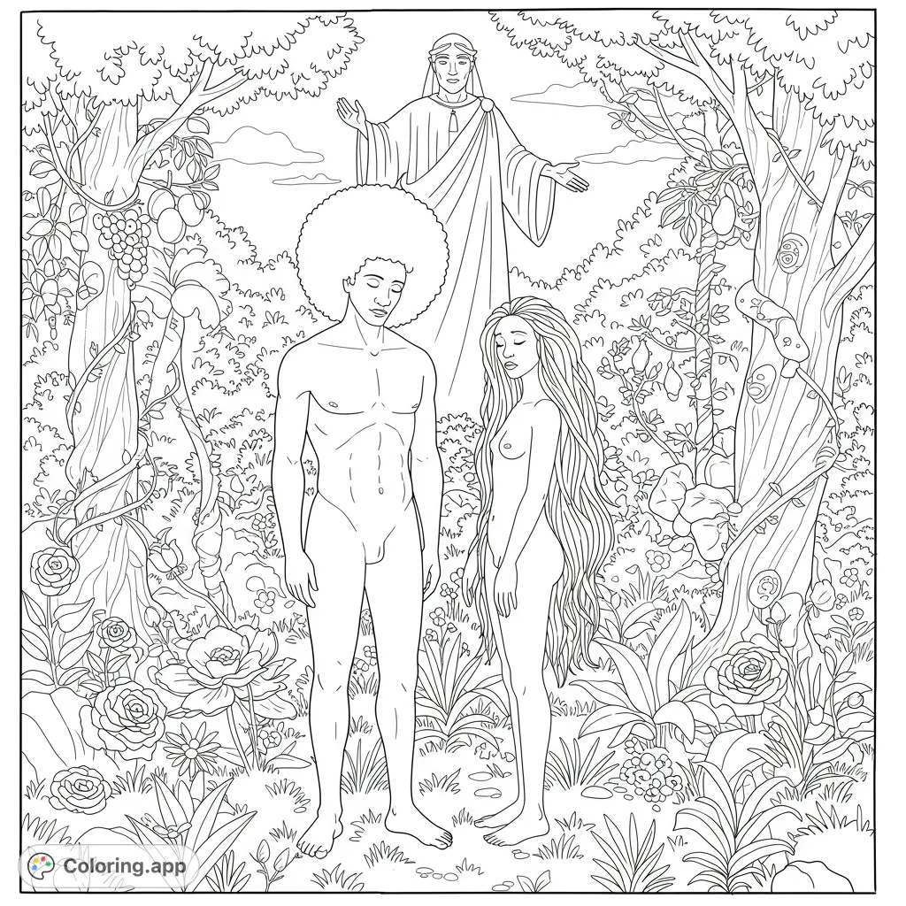 Explore a powerful biblical scene featuring Adam with an Afro and Eve with kinky hair, facing divine judgment in a lush Garden of Eden.