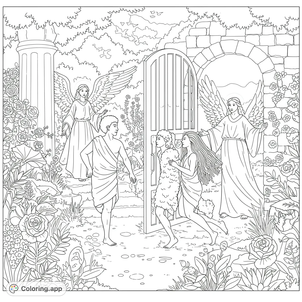 Witness Adam and Eve's poignant departure from the Garden of Eden, guided by an angel. A detailed biblical scene for reflection and creativity.