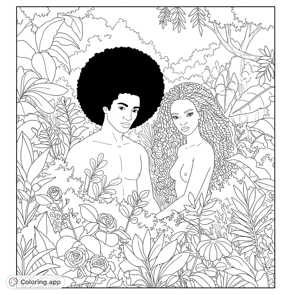 Discover Adam and Eve hiding amidst lush garden foliage, featuring detailed hair textures and a serene natural setting. A timeless biblical scene.