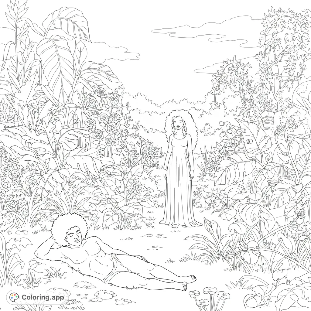 Explore a detailed Garden of Eden coloring page featuring Adam and Eve amidst towering plants, veined leaves, and winding vines. A challenging and rewarding design.