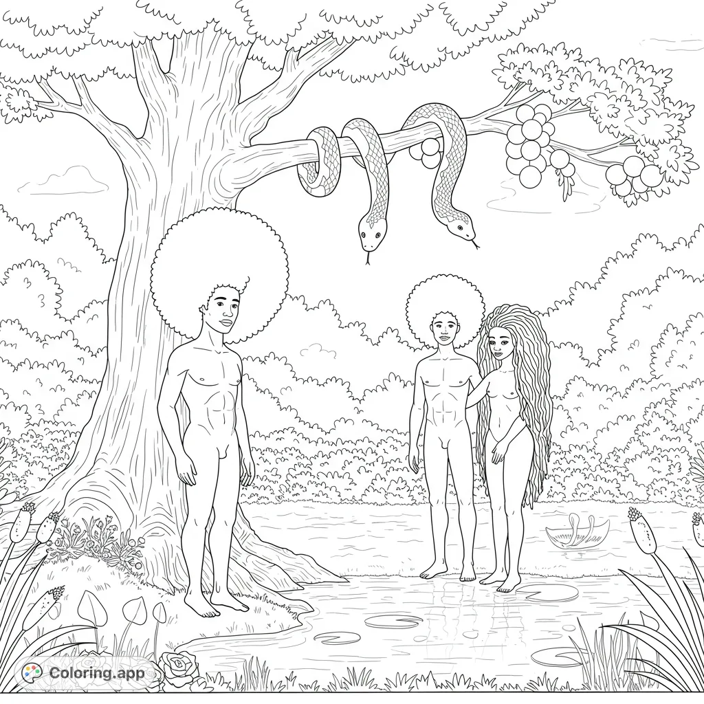 Explore a detailed Garden of Eden scene featuring Adam with an Afro, Eve with long kinky hair, a tree with a coiled snake, and abundant fruit by tranquil water.