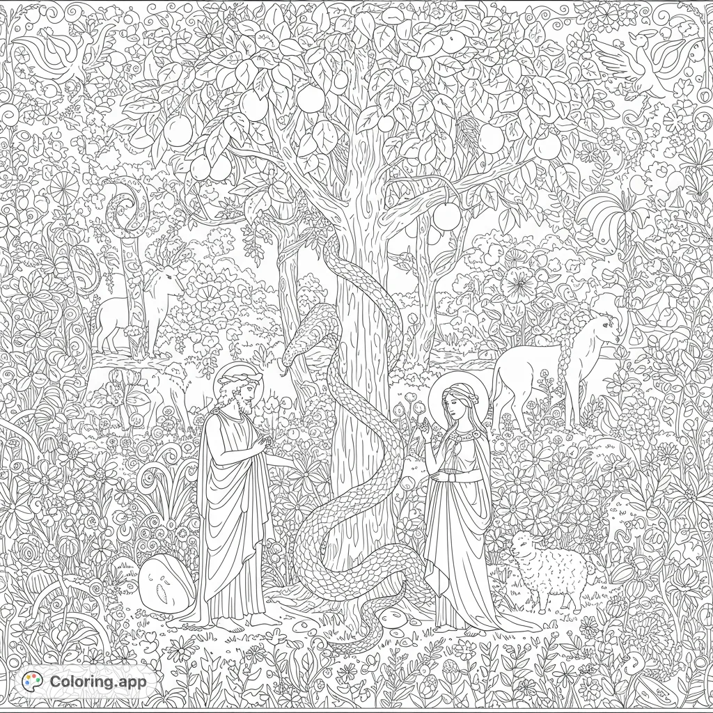 Explore a detailed Garden of Eden coloring page featuring Adam, Eve, the Tree of Knowledge, and various animals amidst lush foliage. A captivating scene for reflection.