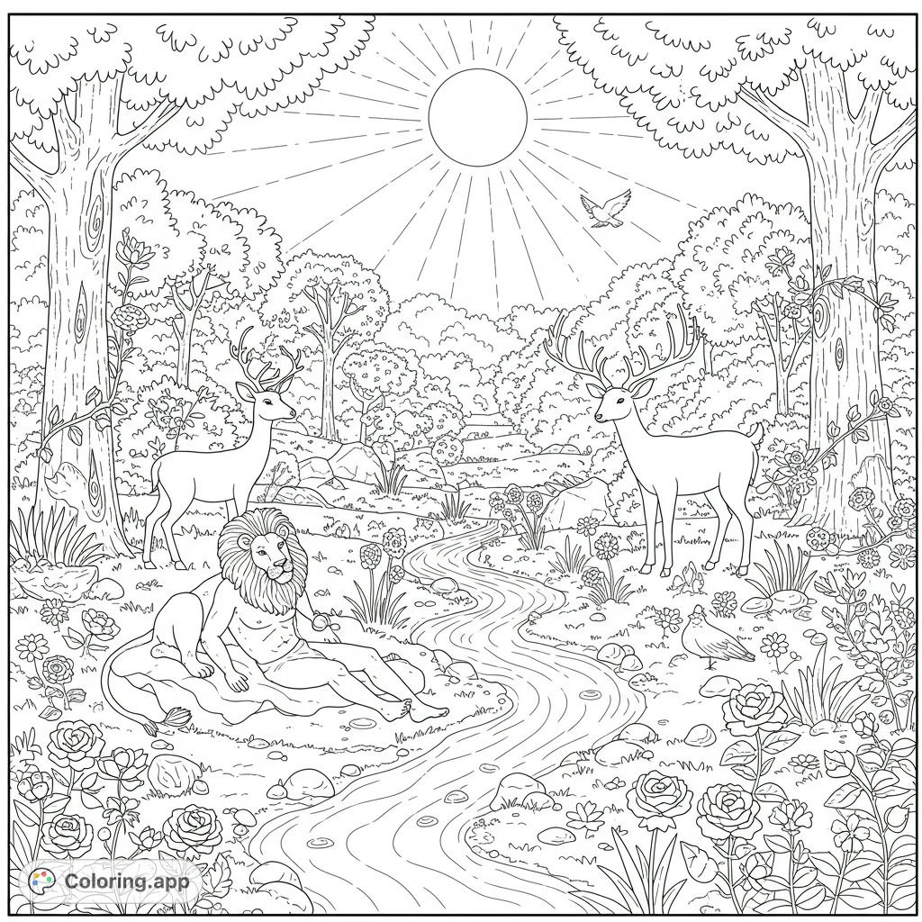 Discover a peaceful Garden of Eden scene with Adam, diverse animals, lush flora, and a winding stream. A beautiful nature and biblical coloring page.
