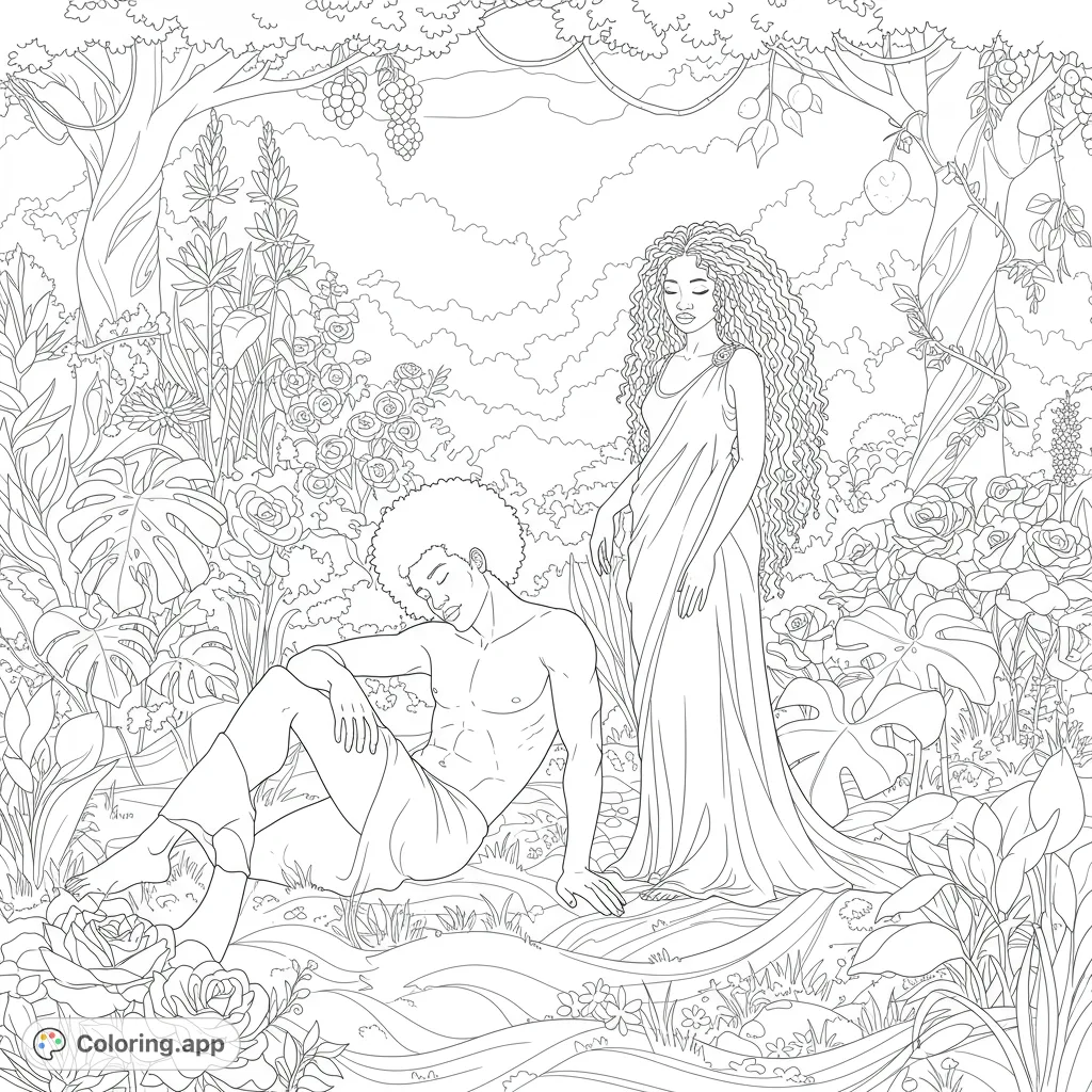 Discover Adam and Eve in a lush Garden of Eden, surrounded by abundant plants and fruit trees. A peaceful, detailed scene for creative coloring.