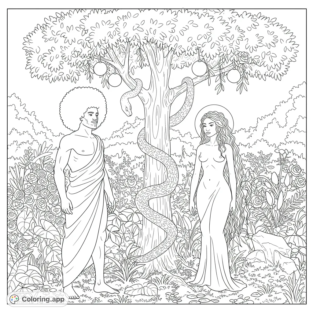 Explore the Garden of Eden with Adam and Eve, a majestic tree, and a coiled serpent. A detailed biblical scene for creative expression.