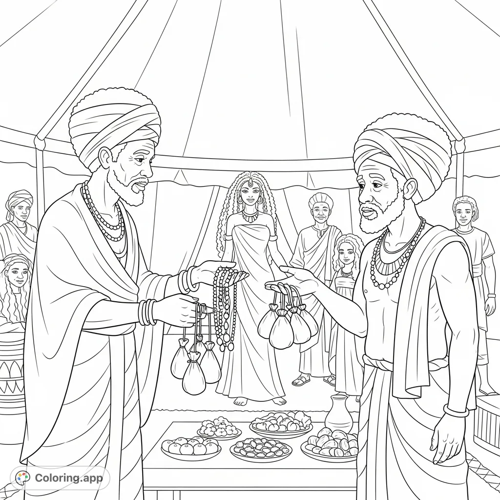 A detailed coloring page depicting an old servant man giving jewelry and sacs to another elder in a tent, with a woman and family in the background.