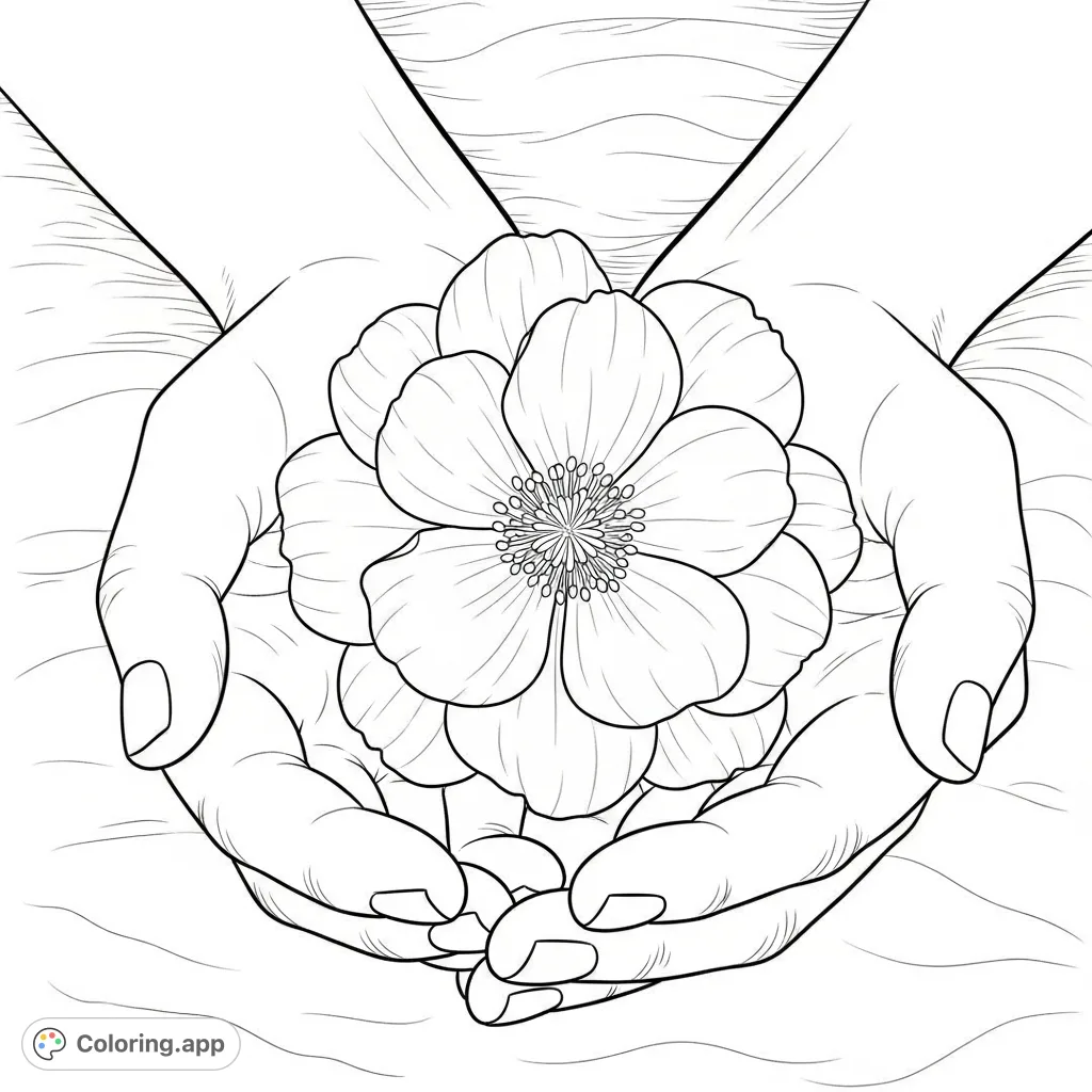A serene coloring page depicting a pair of hands gently cradling a beautifully bloomed flower, inviting focus on intricate details and delicate forms.