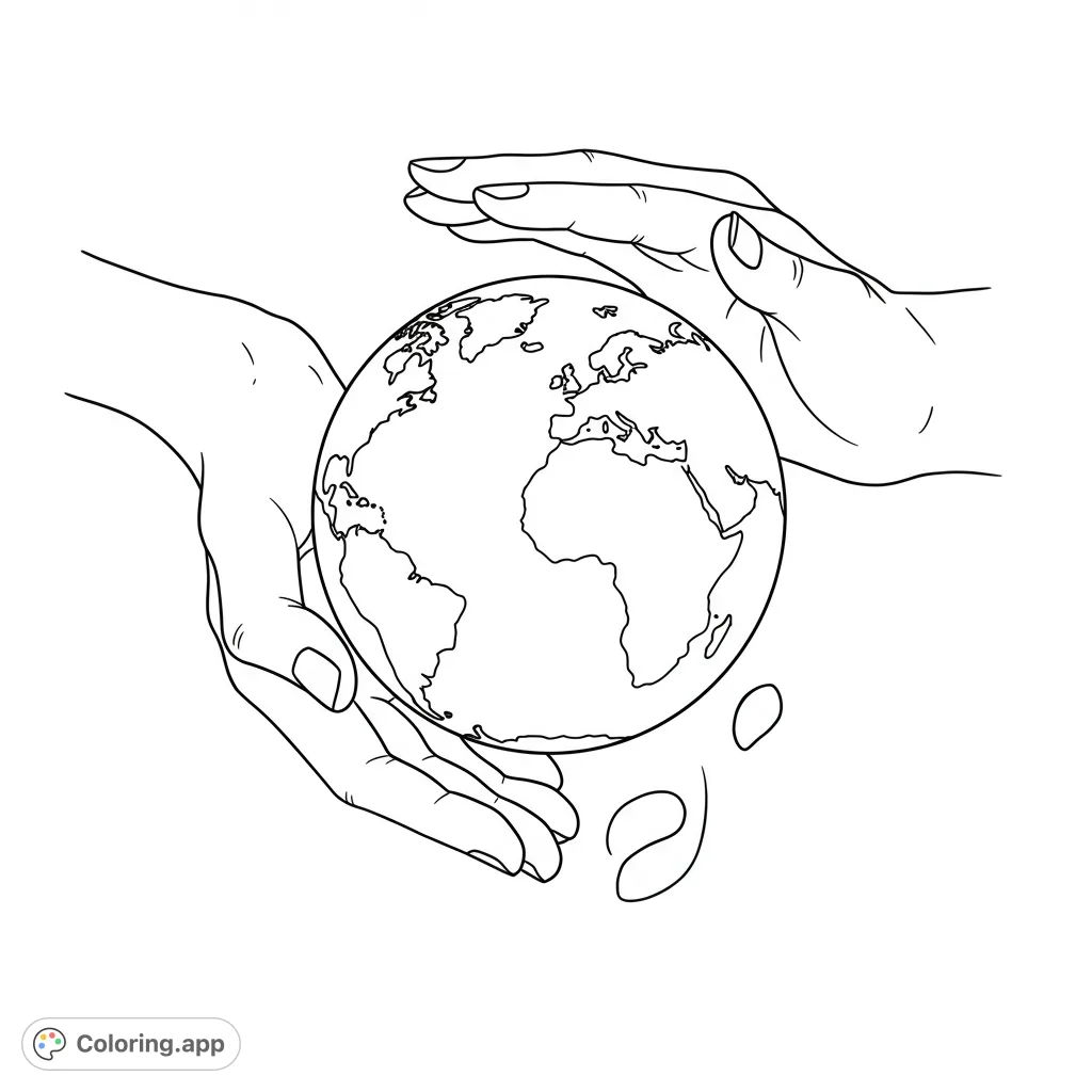 A powerful image of two hands cradling the Earth, symbolizing care and protection. A free printable coloring page for all ages.