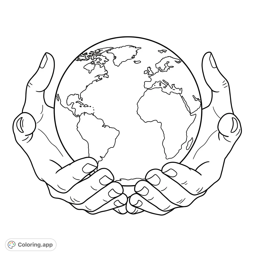 A symbolic free printable Hands Embracing Earth coloring page, featuring human hands gently cradling a detailed globe with continents, oceans, and clouds.