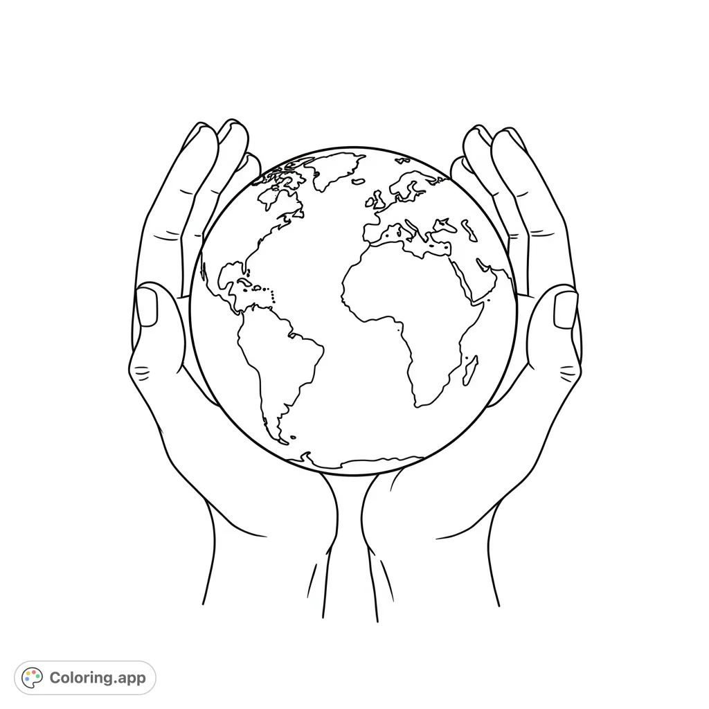 A powerful image of two hands gently cradling the Earth, symbolizing care and global unity. Perfect for all ages to color and reflect.