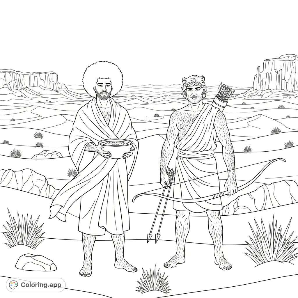 Explore the biblical story of Jacob and Esau in this detailed coloring page, featuring the brothers in a desert wilderness setting.