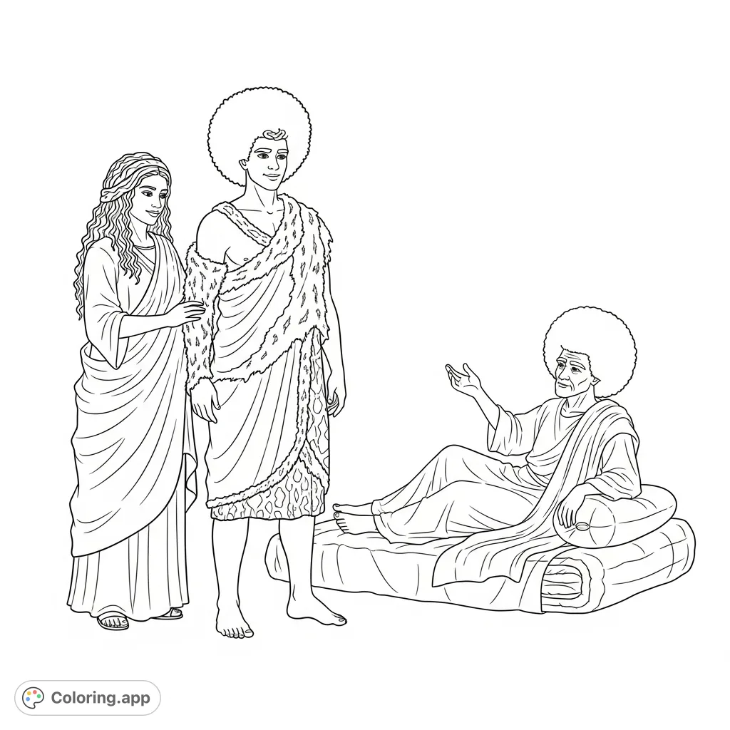 A poignant Biblical scene featuring Jacob in animal skin, Rebekah, and an elderly Isaac. Perfect for historical and narrative coloring.