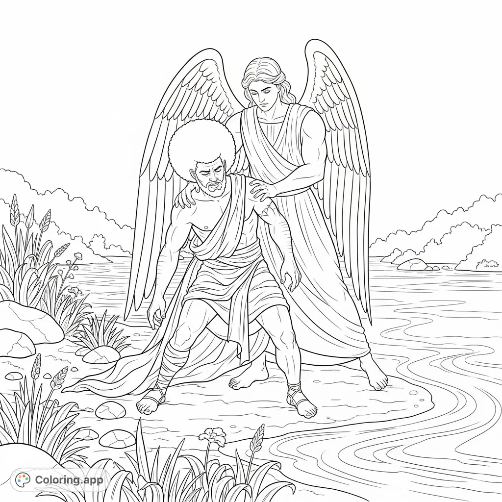 Experience the powerful biblical scene of Jacob wrestling an angel by the river, his hip dislocated. A dramatic and detailed religious coloring page.