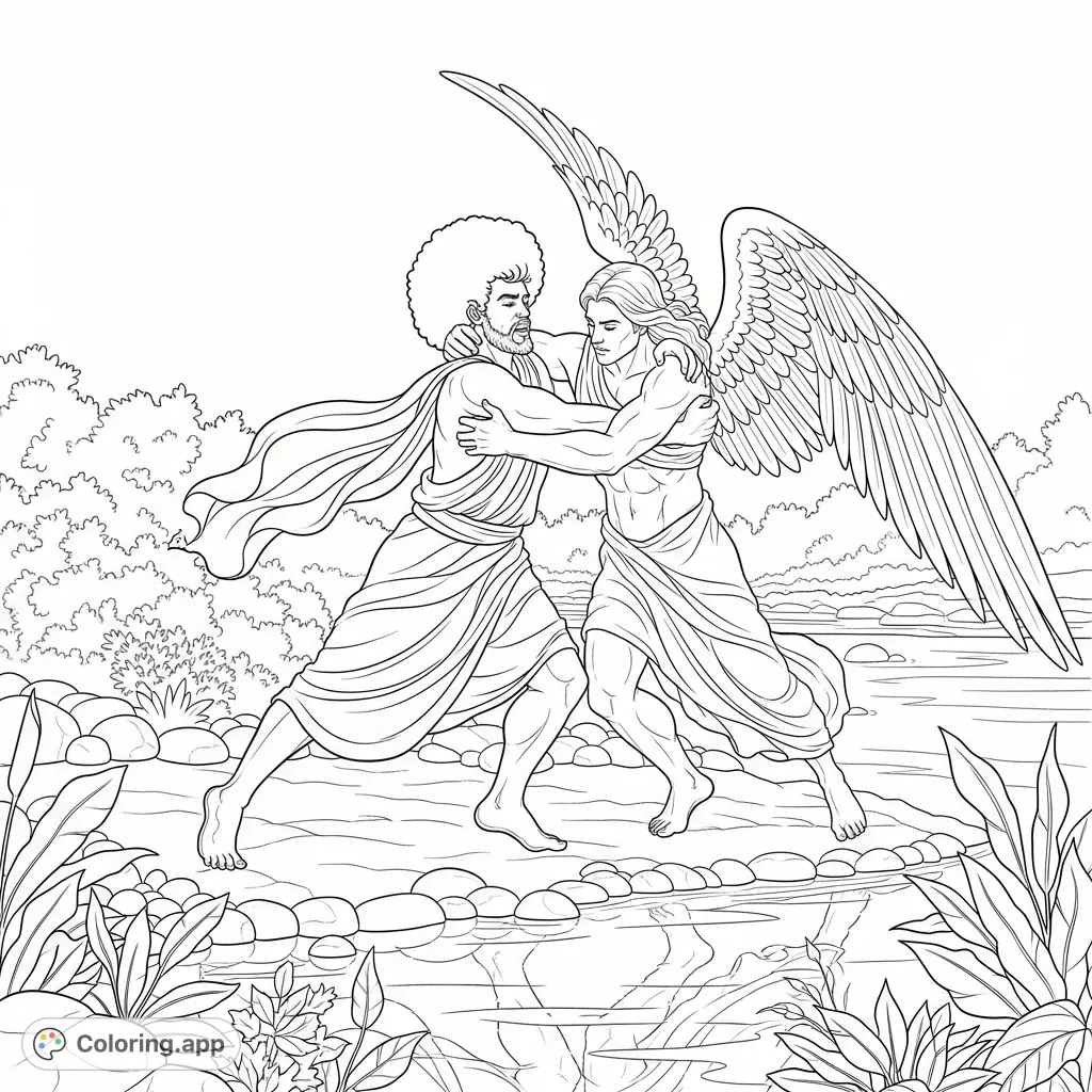 A powerful Jacob with an Afro wrestles an angel on a river bank. This dynamic scene offers intricate details for a challenging and rewarding coloring experience.