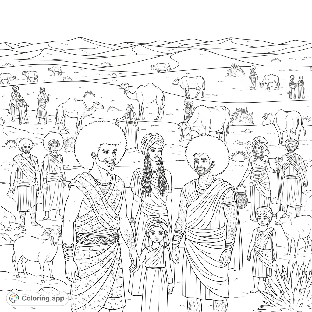 Explore a detailed desert community featuring Jacob, a man with an Afro, and a diverse group in wrapped cloth, surrounded by livestock and vast dunes.