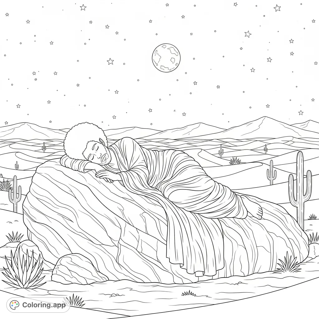 A serene Jacob with an Afro sleeps on a rock in the vast desert under a starry night, dreaming. A peaceful scene for imaginative coloring.