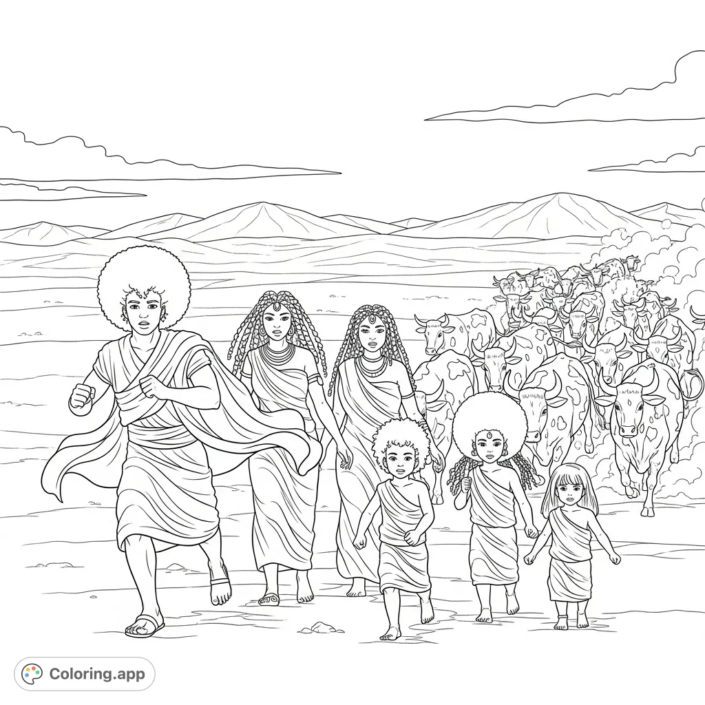 A powerful Jacob and his family, with Afros and kinky hair, run through a desert as a herd of spotted cattle stampedes behind them.