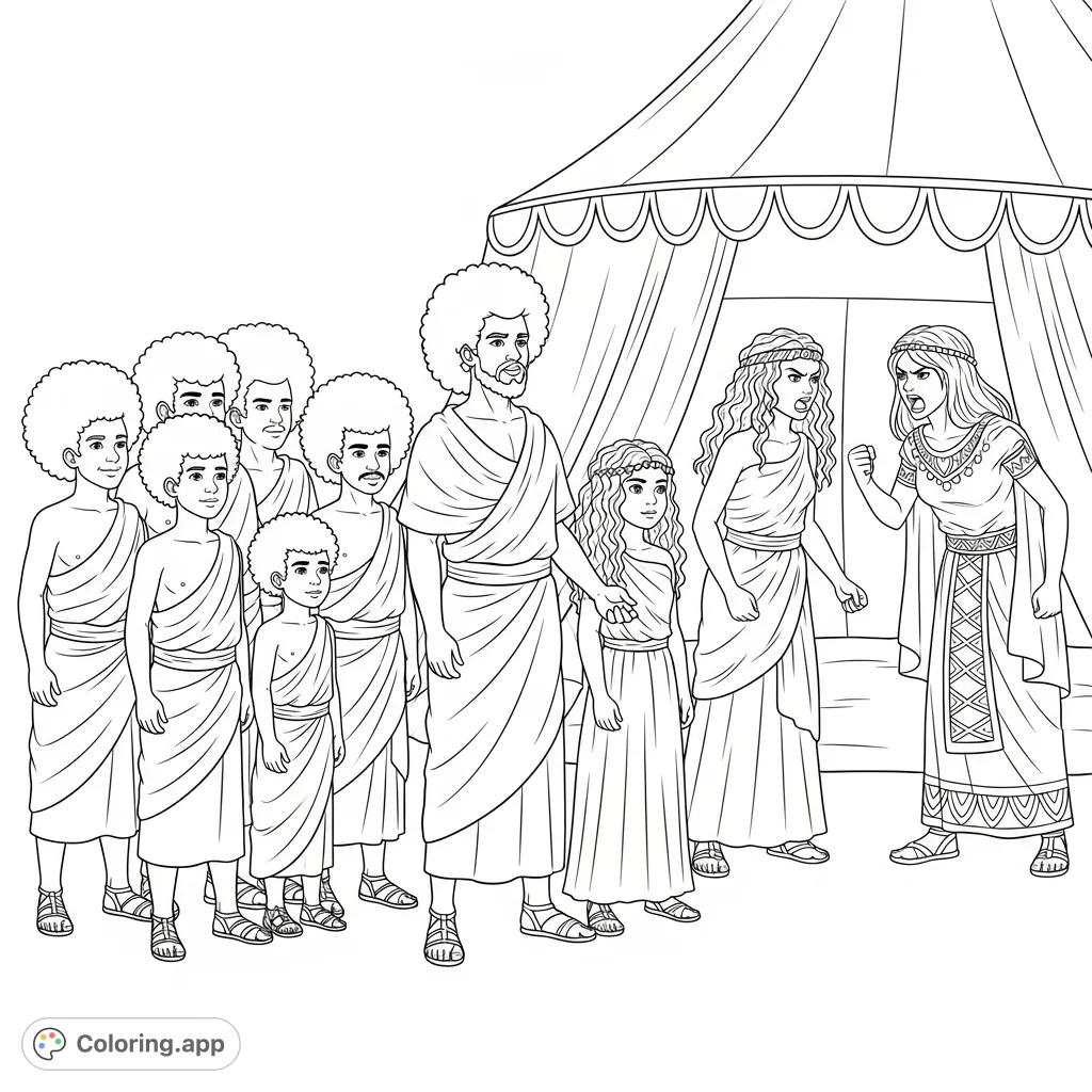 Explore a dramatic biblical scene featuring Jacob, his children, Leah, and an angry Rachel in a detailed tent setting. Perfect for historical and narrative coloring.