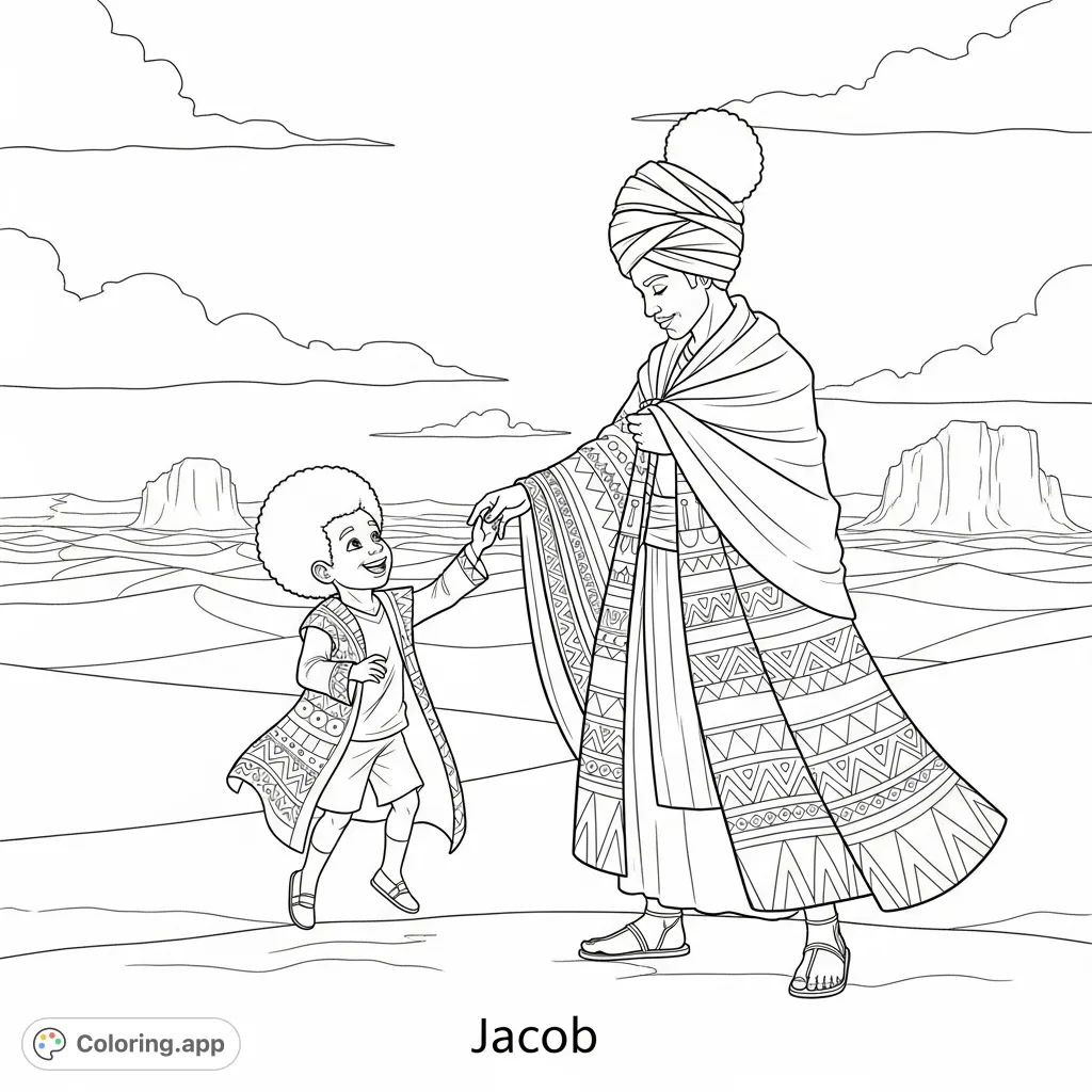 A heartwarming desert scene featuring Jacob giving a patterned coat to a joyful boy. A free printable desert scene coloring page for all ages.