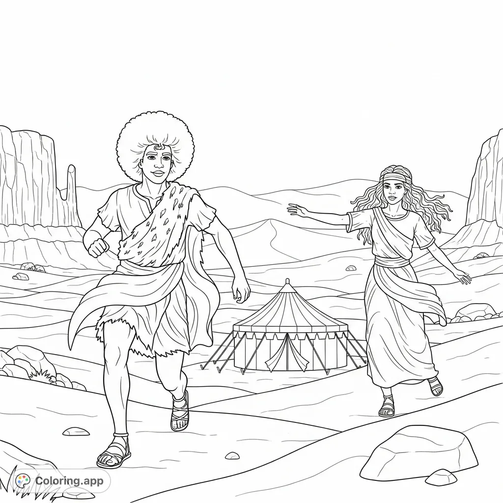 A dramatic biblical scene featuring Jacob with an Afro and animal skin, fleeing from Rebekah with long kinky hair in a desert wilderness with a tent.
