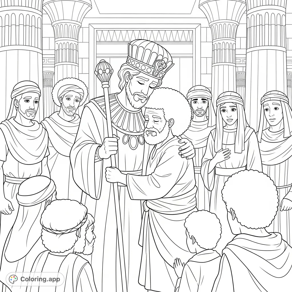 An emotional Biblical reunion coloring page depicting Joseph as an Egyptian king embracing his father Jacob, surrounded by family in an opulent chamber.