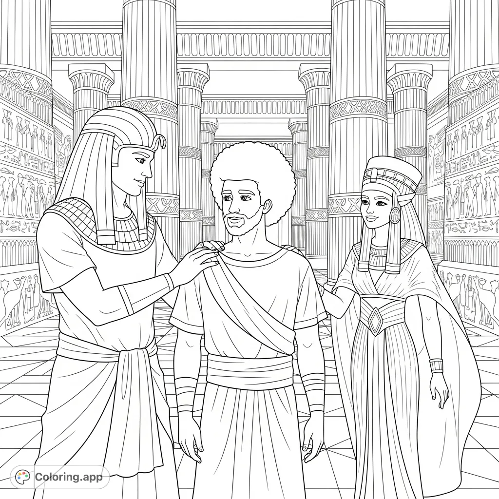 Explore an ancient Egyptian palace scene featuring a guard, Joseph with an Afro, and a smiling Egyptian woman. A detailed historical coloring page.