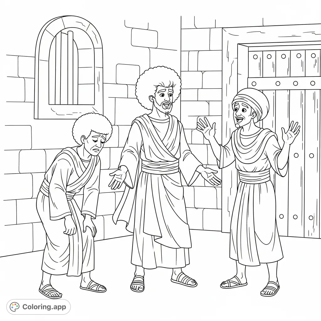 A compelling Joseph in Egyptian prison coloring page featuring Joseph with an Afro, conversing with two men, one sad and one excited, within a detailed prison setting.