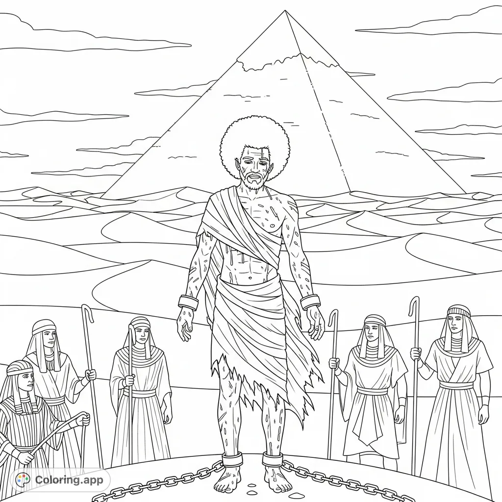 A powerful Joseph coloring page depicting Joseph with an Afro, bruised and chained, captured by Egyptians in the vast desert with a towering pyramid. A profound biblical scene.