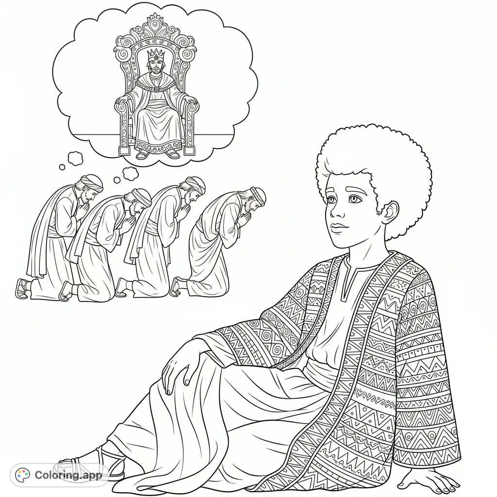 A young Joseph with an Afro, dressed in a patterned coat, dreams of sitting on a grand throne while his four brothers bow before him.