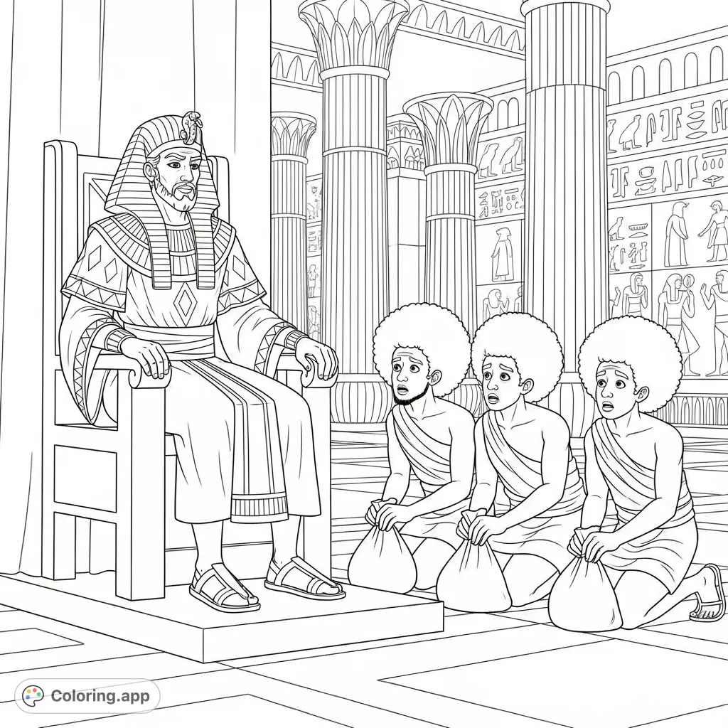 A powerful Joseph on the throne coloring page depicting Joseph in Egyptian king attire, sternly facing three kneeling, fearful men with Afros in a grand hall.