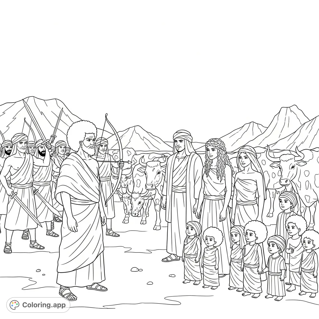 A dramatic biblical scene featuring Laban and his army confronting Jacob, his wives, and children, with spotted cattle against a desert and mountain backdrop.