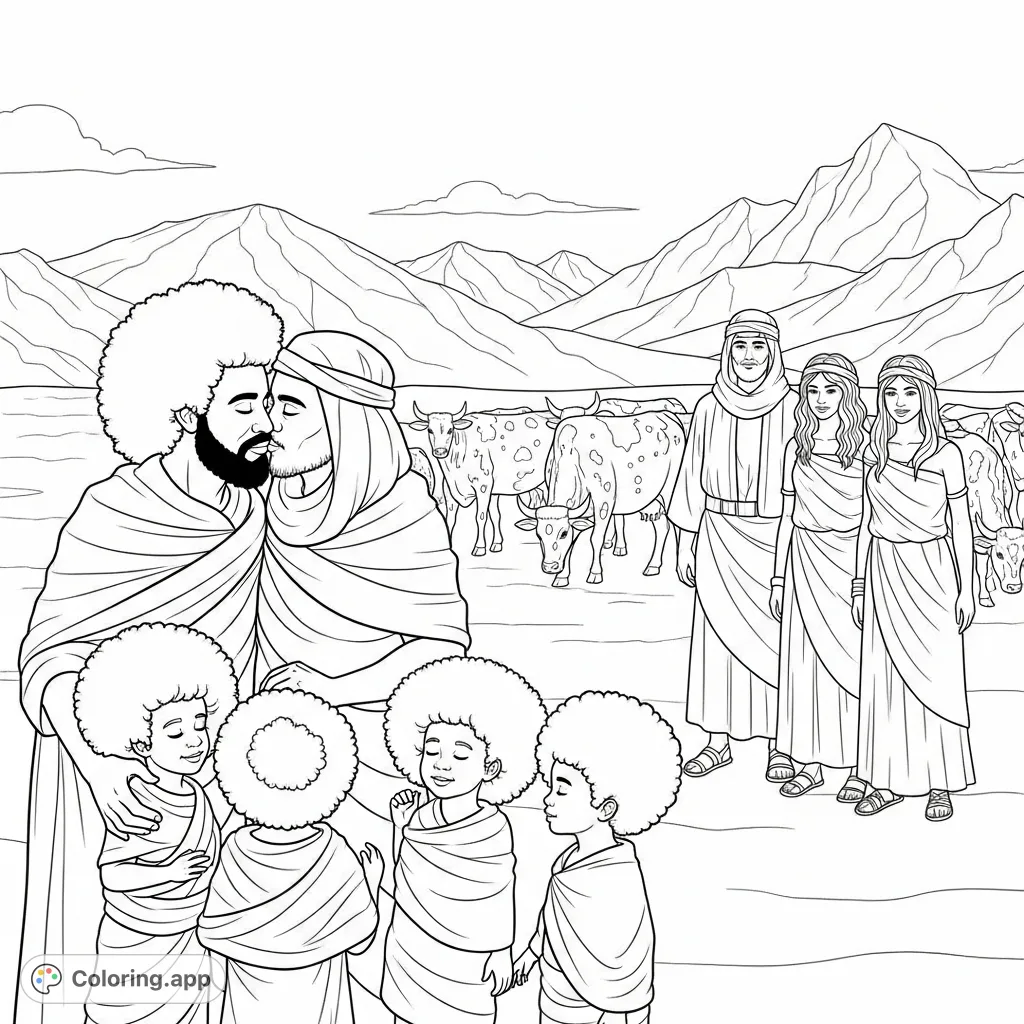 An intricate Biblical scene featuring Laban kissing his Afro-haired grandchildren, with Jacob, his wives, and spotted cattle against a desert mountain backdrop.