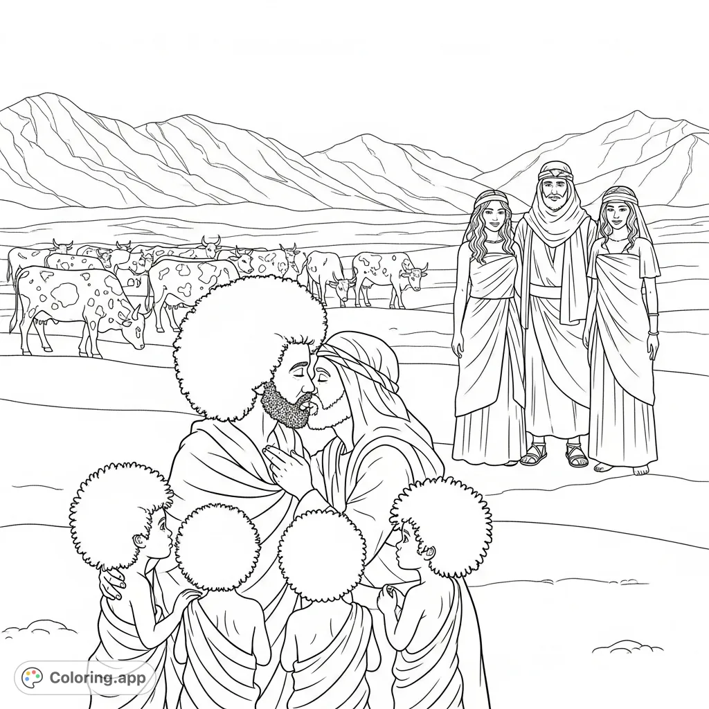 An intricate Biblical scene featuring Laban kissing his Afro-haired grandchildren, with Jacob, his wives, and spotted cattle against a desert mountain backdrop.