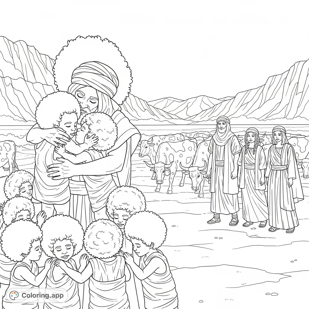 A detailed Biblical scene featuring Laban, his many grandchildren, Jacob, and his two wives, all in wrapped cloth, set against a backdrop of spotted cattle, mountains, and desert.
