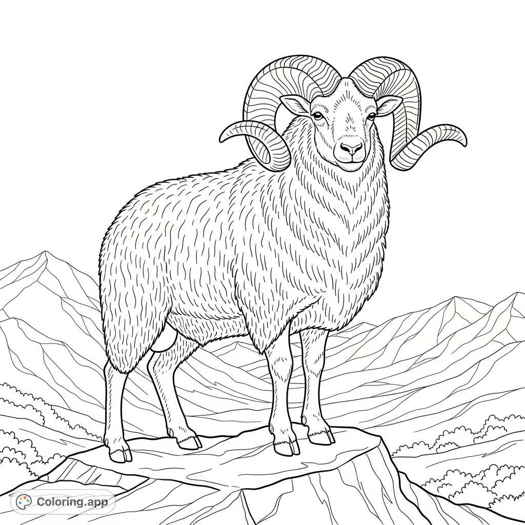 A detailed ram coloring page featuring a majestic ram with impressive curling horns, standing proudly amidst a rugged mountain landscape. Perfect for nature lovers.