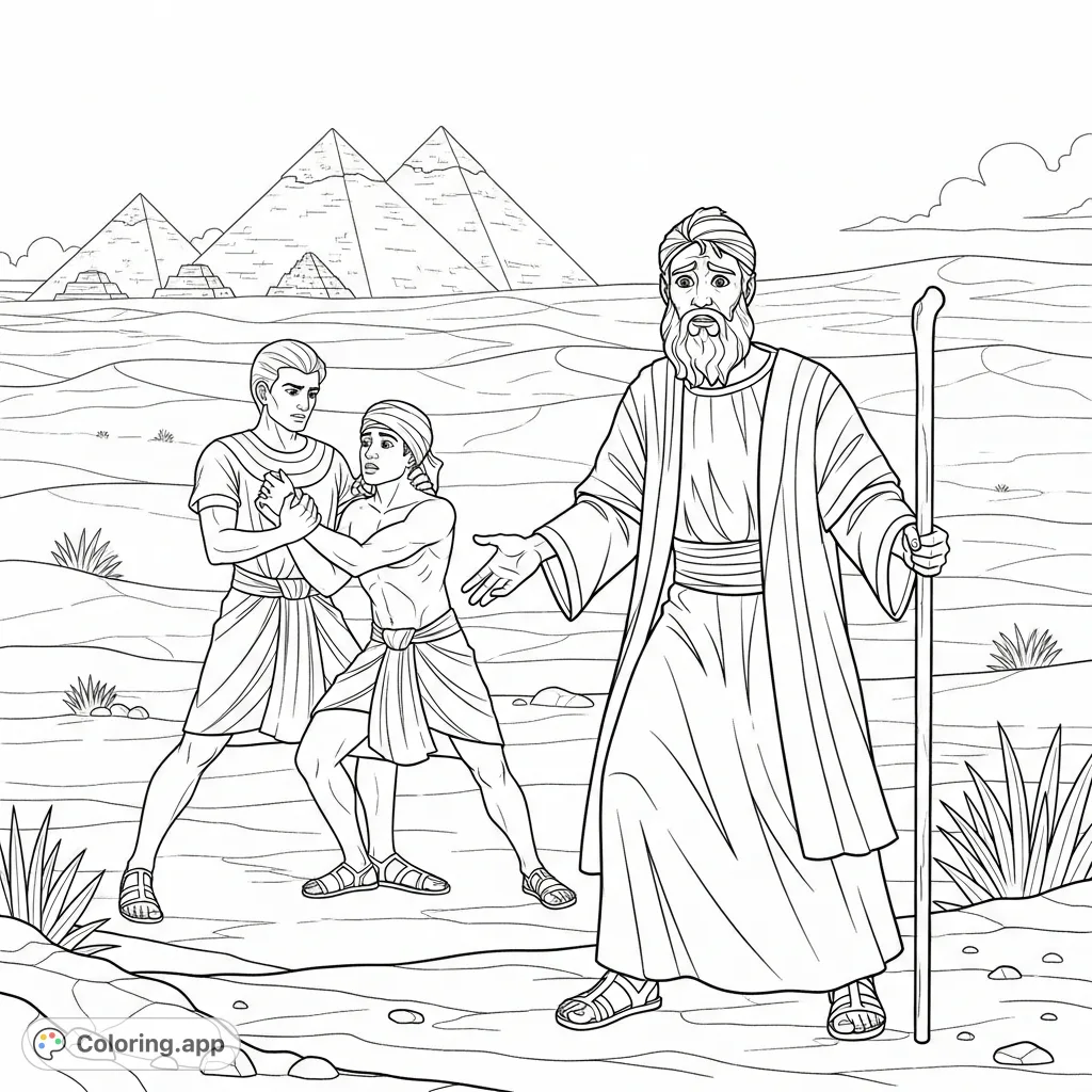 An impactful Egyptian Moses coloring page depicting Moses observing a struggle between two men in a vast desert with towering pyramids. Engage in historical storytelling.