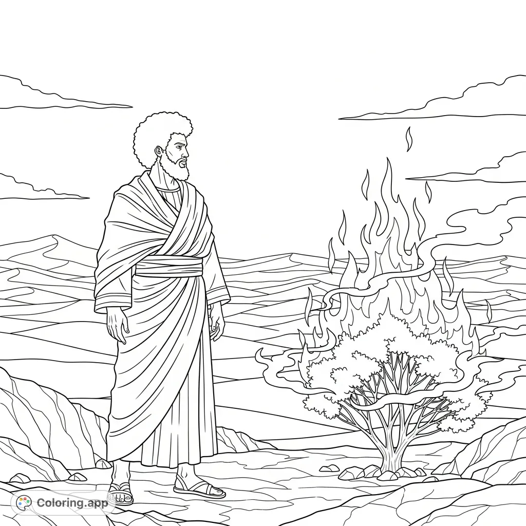 A powerful Moses with an Afro gazes at a wondrous bush engulfed in flames, a striking scene from a timeless narrative.