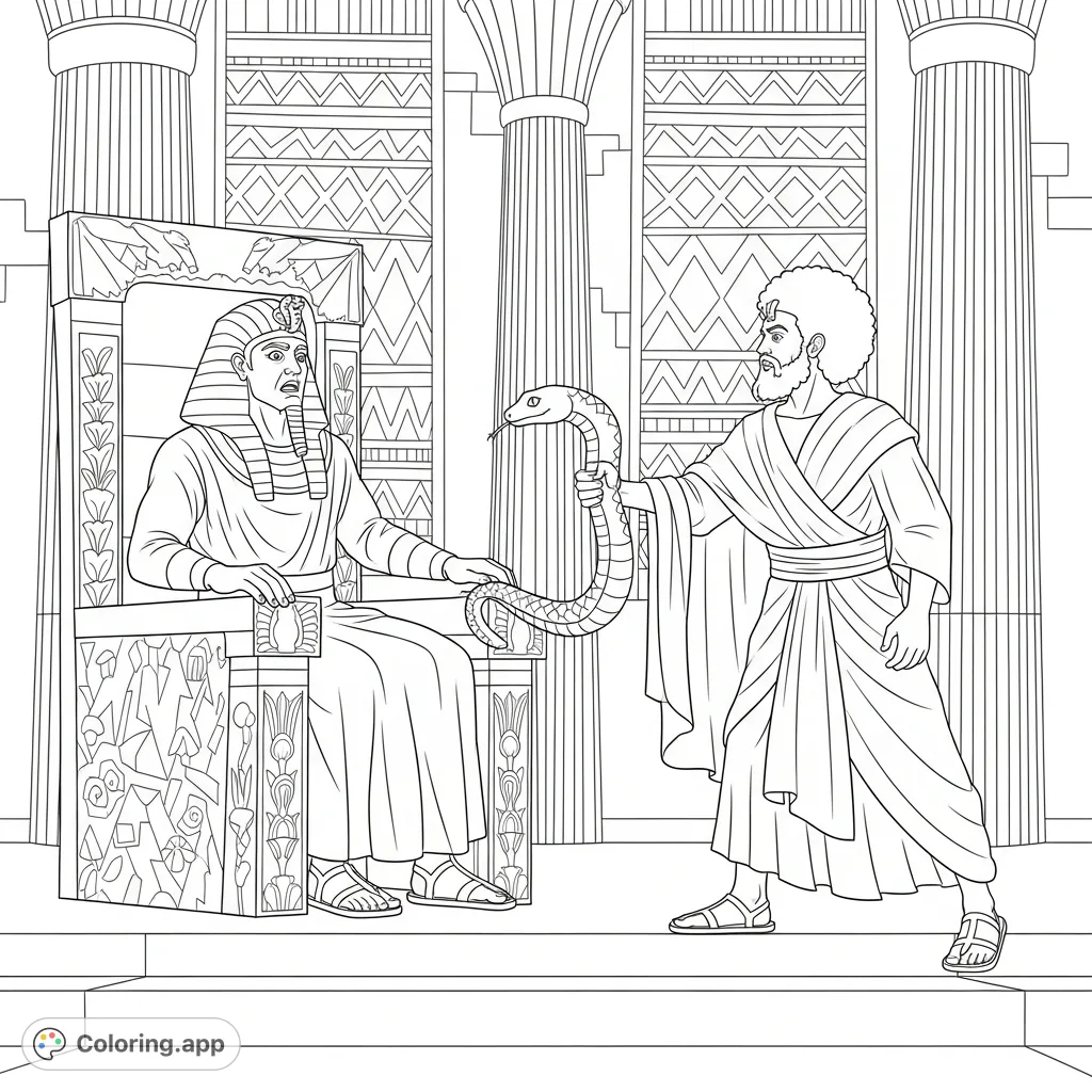 Witness a pivotal moment with Moses and the shocked Pharaoh on his throne, featuring intricate details of a serpent, garments, and a regal setting.